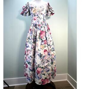 Vtg Jessica McClintock Bridal Floral Midi Dress Size 8 Off Shoulder Sleeves NWT